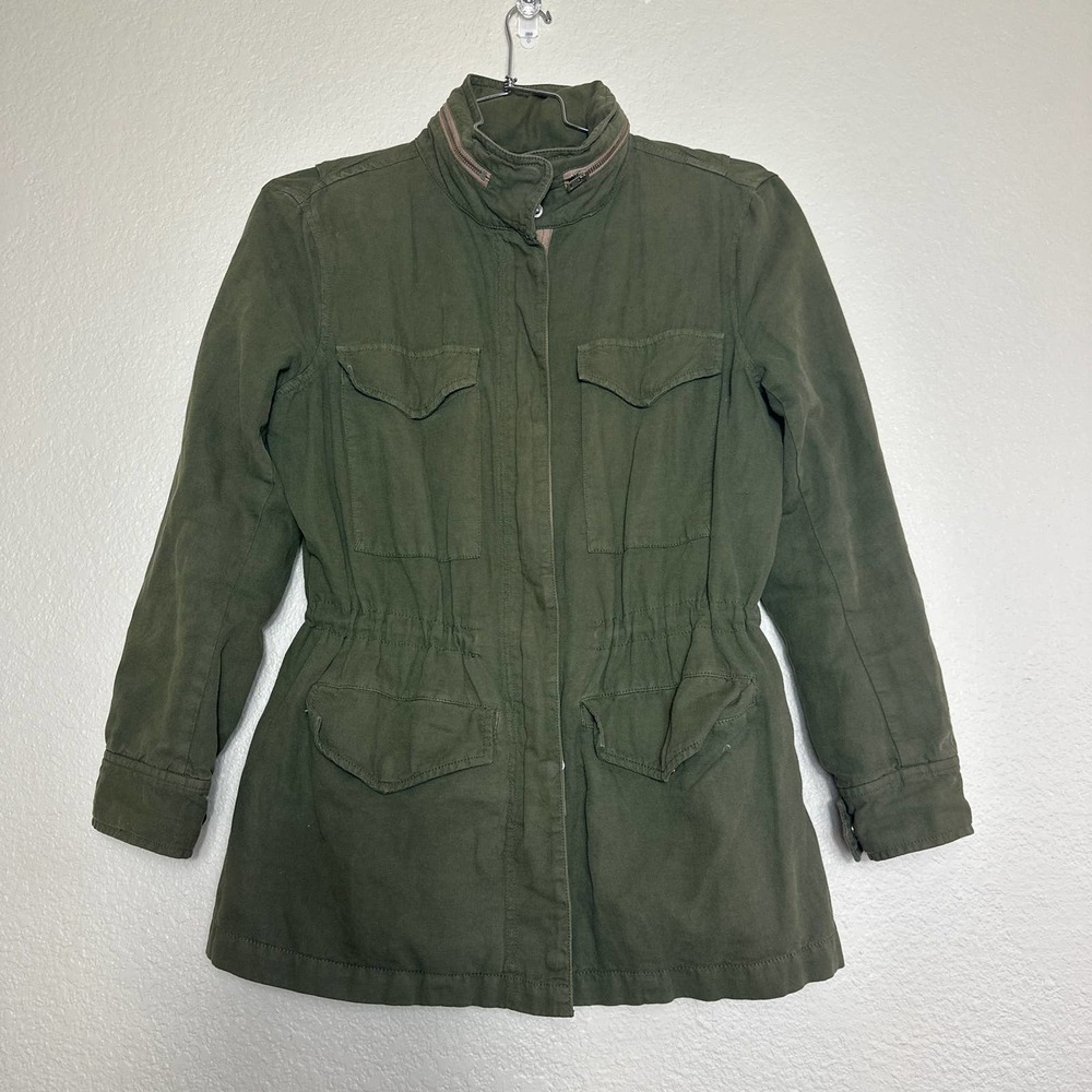 Madewell Green Cotton Linen Utility Jacket Hidden Hood Size Small